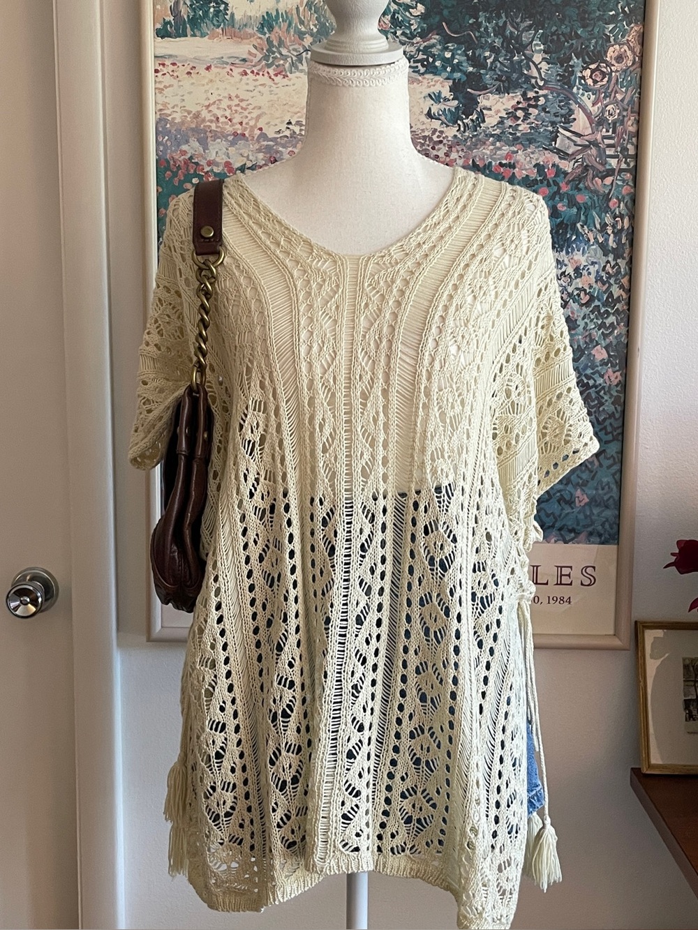 Crochet Tunic Poncho Small Cream Open Knit Cover Up Fringe Boho Festival Western